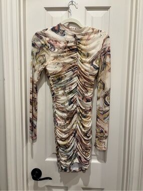 privy Marble-Print Long-Sleeve Ruched Bodycon Dress - Cream Multi